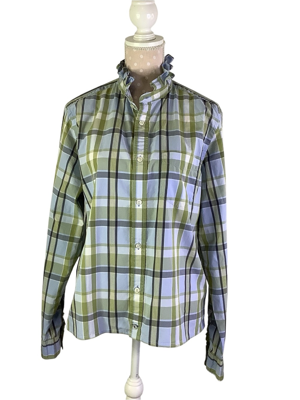 Gap Upcycled Plaid Ruffle-Collar Button-Up Shirt